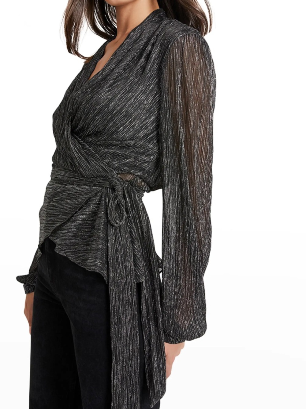 PatBO Silver Lurex Wrap Top Intermix Metallic Long Sleeve Tie Blouse NWT size XL
